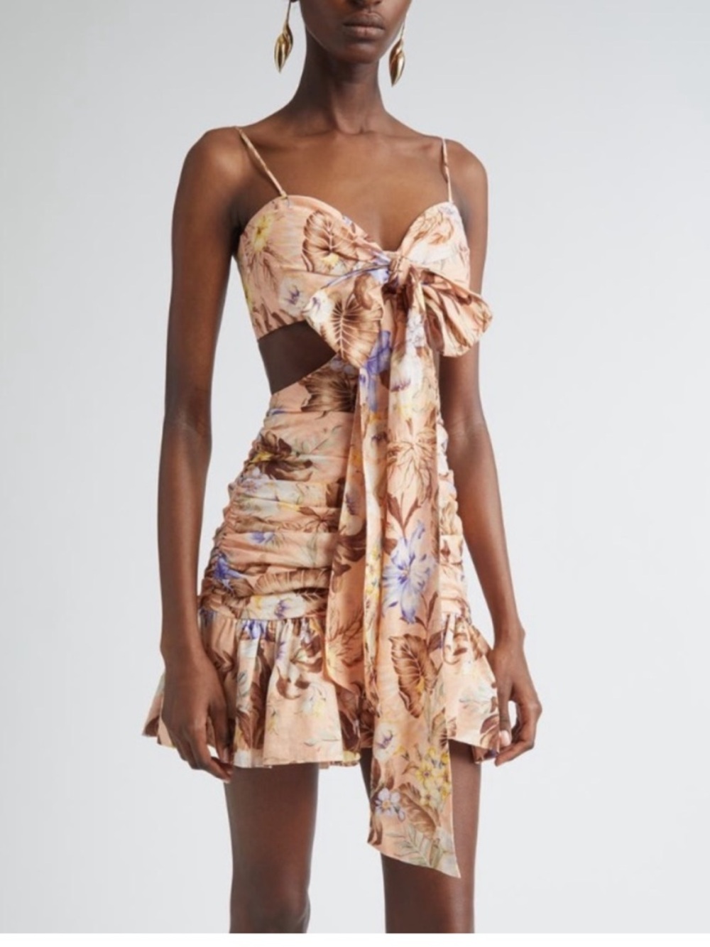NWT Zimmermann Coco Floral Print Bow Detail Minidres in PEACH MULTI FLORAL Sz 12